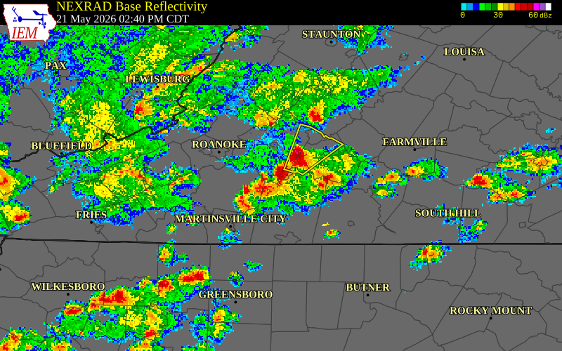 NEXRAD radar during the Thursday, May 21, 2026 storm activity in Bedford County, Virginia