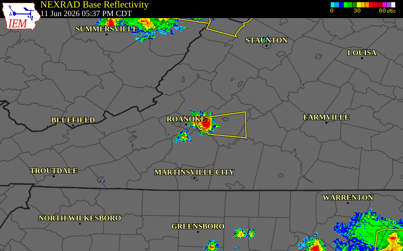 NEXRAD radar during the Thursday, June 11, 2026 storm activity in Bedford County, Virginia