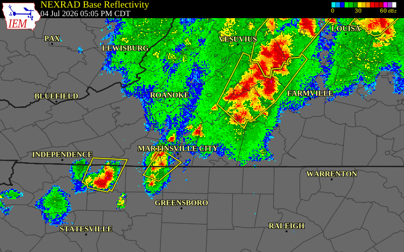 NEXRAD radar during the Saturday, July 4, 2026 storm activity in Bedford County, Virginia