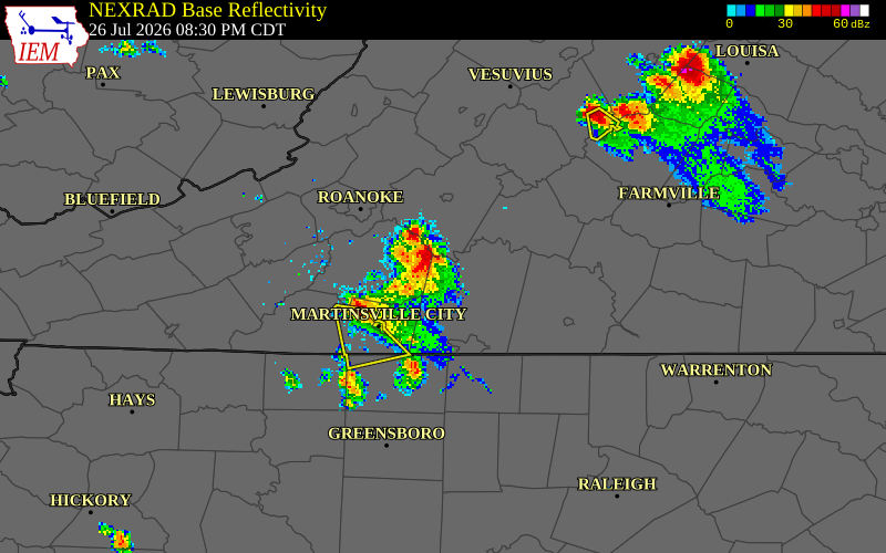 NEXRAD radar during the Sunday, July 26, 2026 storm activity in Bedford County, Virginia