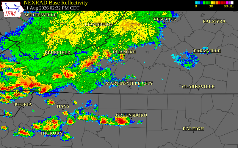 NEXRAD radar during the Tuesday, August 11, 2026 storm activity in Bedford County, Virginia