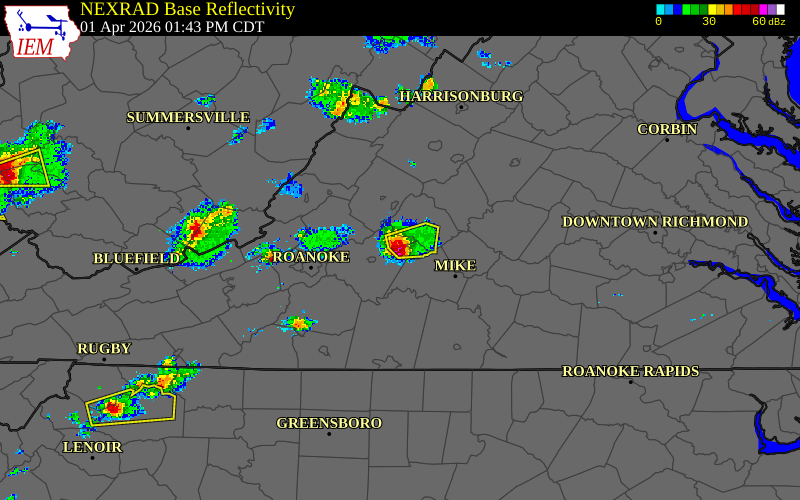 Radar snapshot during the Apr 1, 2026 hail event near 3 NW Forest, Bedford County, Virginia, with NWS warning polygons