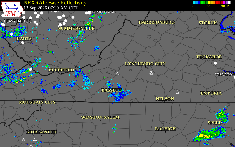 Current NEXRAD radar over Bedford County, Virginia with recent storm report locations