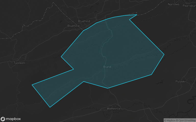 Map of Bland County, Virginia showing the county boundary and surrounding cities