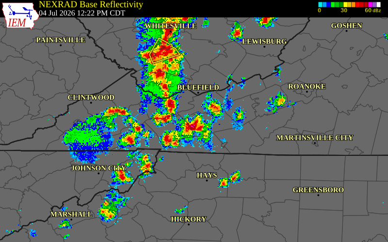 NEXRAD radar during the Saturday, July 4, 2026 storm activity in Bland County, Virginia