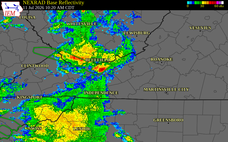 NEXRAD radar during the Saturday, July 11, 2026 storm activity in Bland County, Virginia