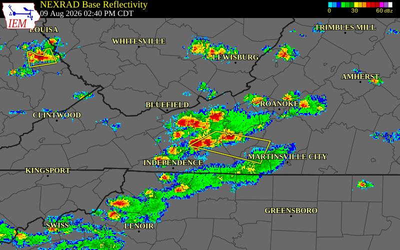 NEXRAD radar during the Sunday, August 9, 2026 storm activity in Bland County, Virginia