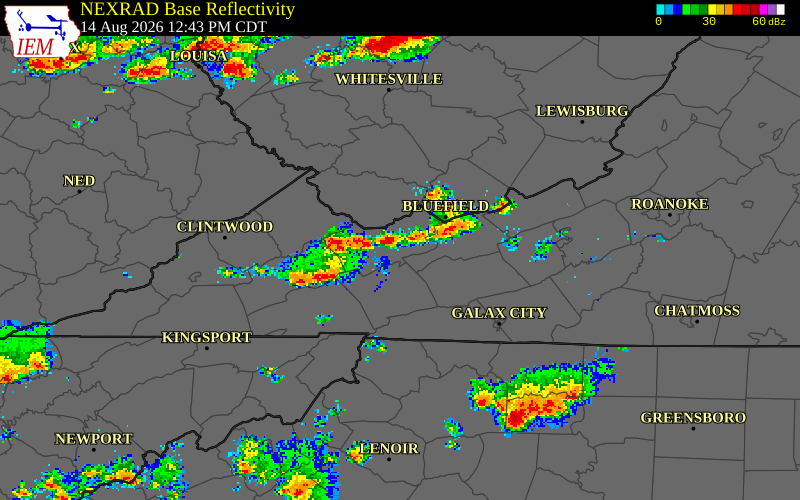 NEXRAD radar during the Friday, August 14, 2026 storm activity in Bland County, Virginia