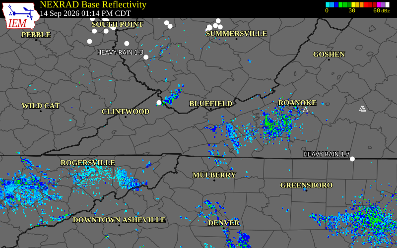 Current NEXRAD radar over Bland County, Virginia with recent storm report locations