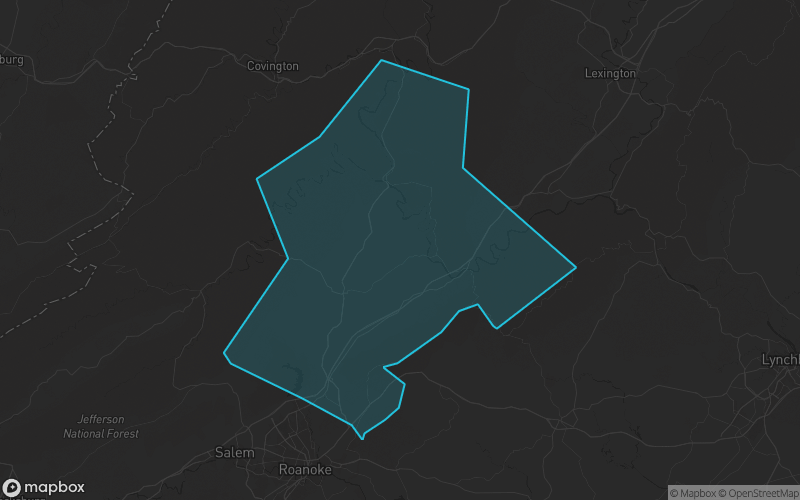 Map of Botetourt County, Virginia showing the county boundary and surrounding cities