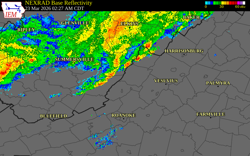 NEXRAD radar during the Monday, March 23, 2026 storm activity in Botetourt County, Virginia