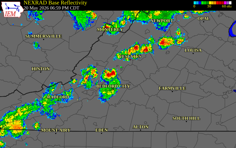 NEXRAD radar during the Wednesday, May 20, 2026 storm activity in Botetourt County, Virginia