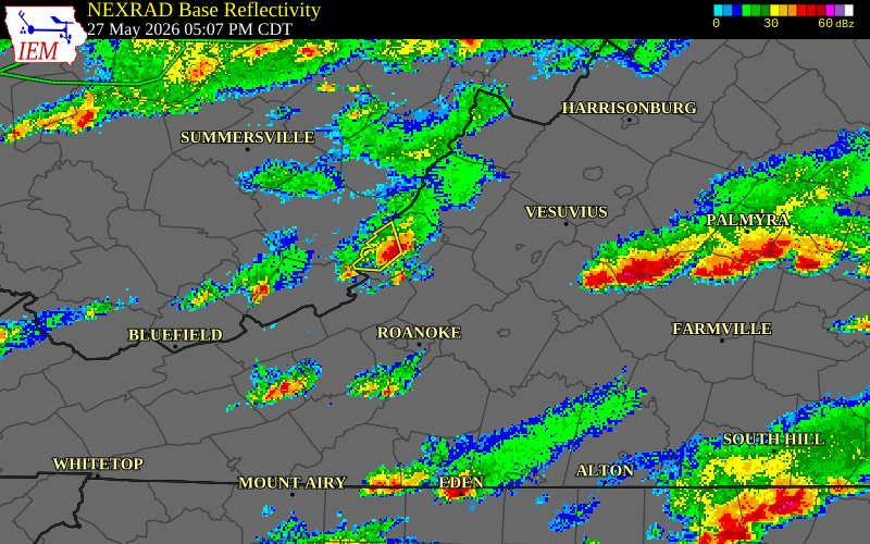 NEXRAD radar during the Wednesday, May 27, 2026 storm activity in Botetourt County, Virginia