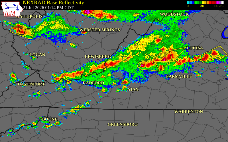 Radar snapshot during the Jul 21, 2026 wind event near Botetourt County, Botetourt County, Virginia, with NWS warning polygons