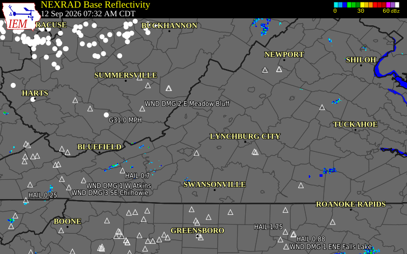 Current NEXRAD radar over Botetourt County, Virginia with recent storm report locations