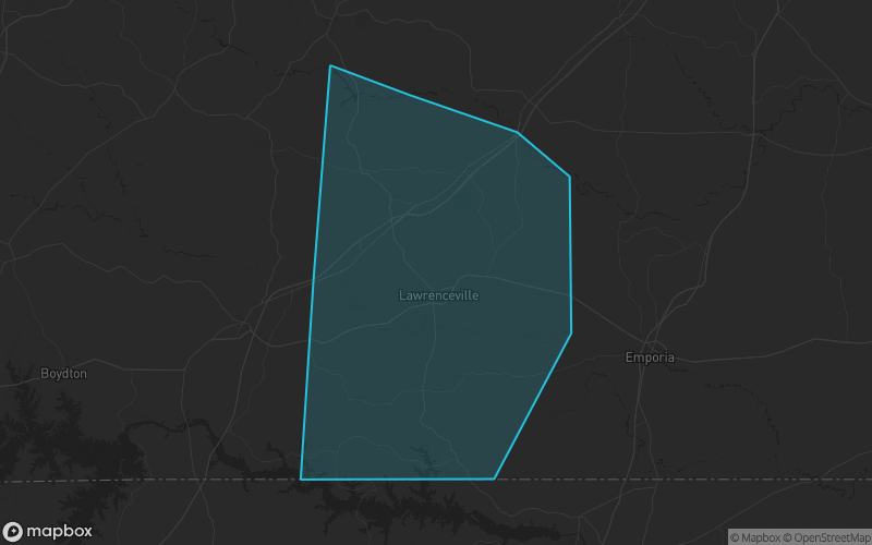 Map of Brunswick County, Virginia showing the county boundary and surrounding cities