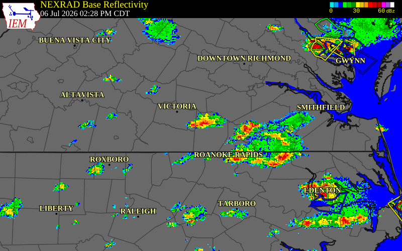 NEXRAD radar during the Monday, July 6, 2026 storm activity in Brunswick County, Virginia