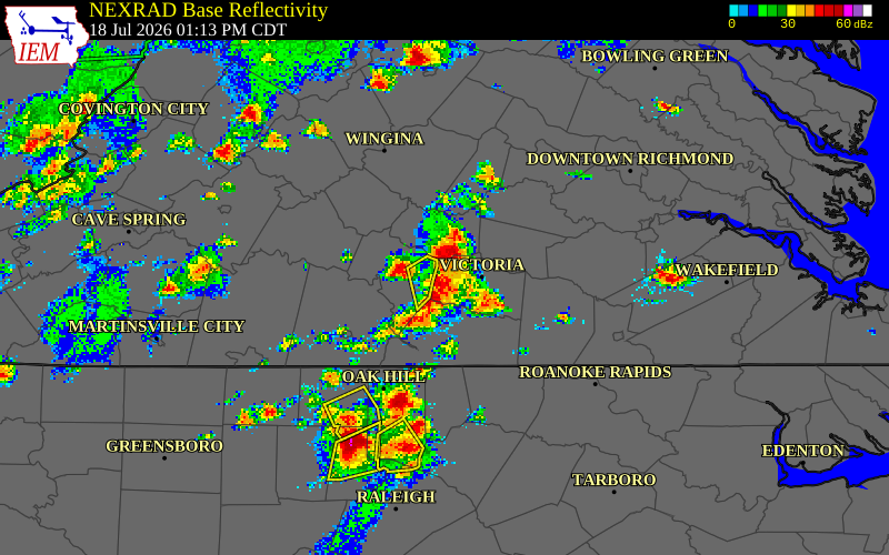 NEXRAD radar during the Saturday, July 18, 2026 storm activity in Brunswick County, Virginia