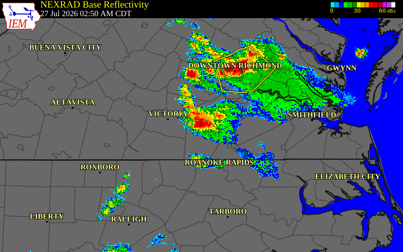 NEXRAD radar during the Monday, July 27, 2026 storm activity in Brunswick County, Virginia