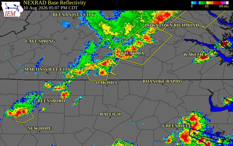 NEXRAD radar during the Monday, August 10, 2026 storm activity in Brunswick County, Virginia