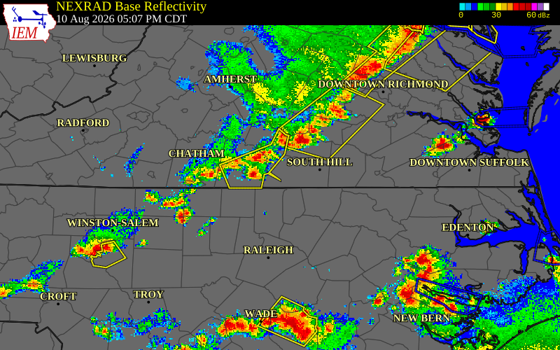 Radar snapshot during the Aug 10, 2026 wind event near Brunswick County, Brunswick County, Virginia, with NWS warning polygons