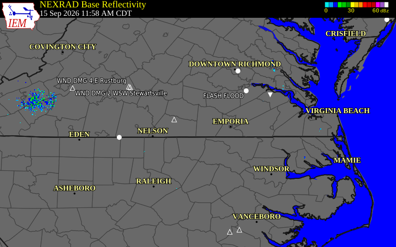 Current NEXRAD radar over Brunswick County, Virginia with recent storm report locations