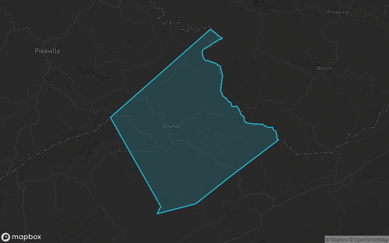 Map of Buchanan County, Virginia showing the county boundary and surrounding cities