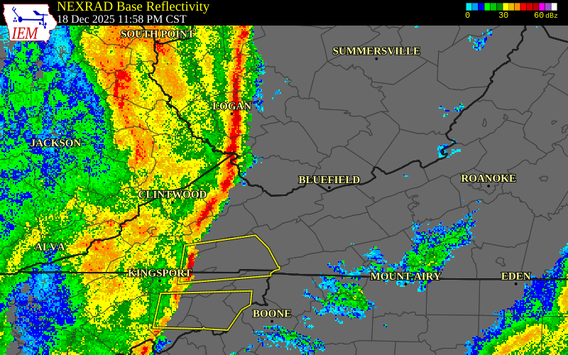 NEXRAD radar during the Friday, December 19, 2025 storm activity in Buchanan County, Virginia