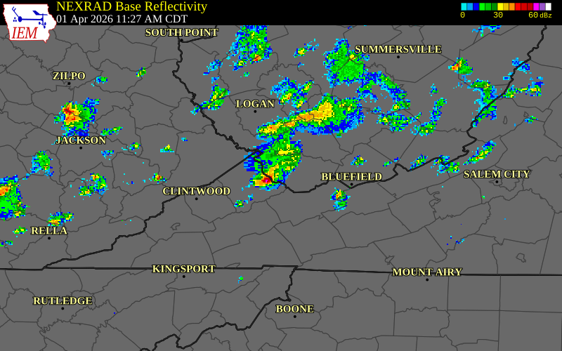 NEXRAD radar during the Wednesday, April 1, 2026 storm activity in Buchanan County, Virginia
