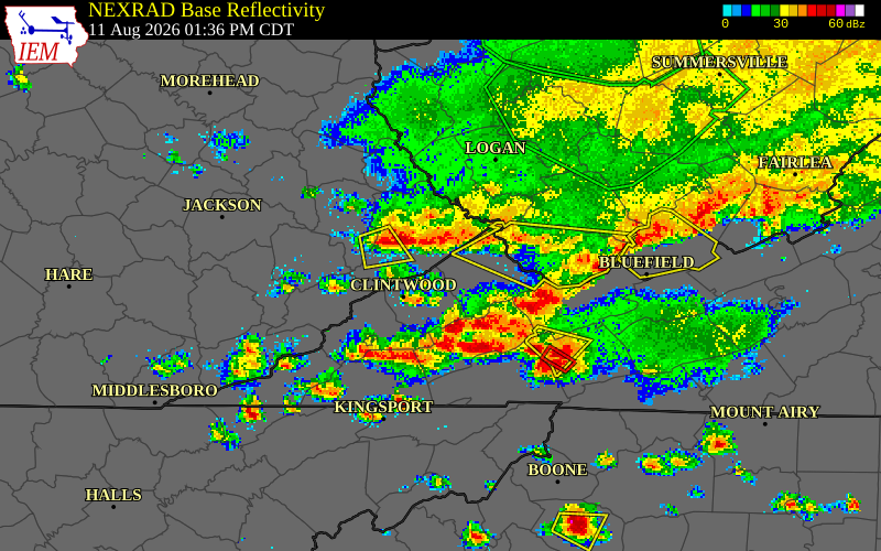 NEXRAD radar during the Tuesday, August 11, 2026 storm activity in Buchanan County, Virginia