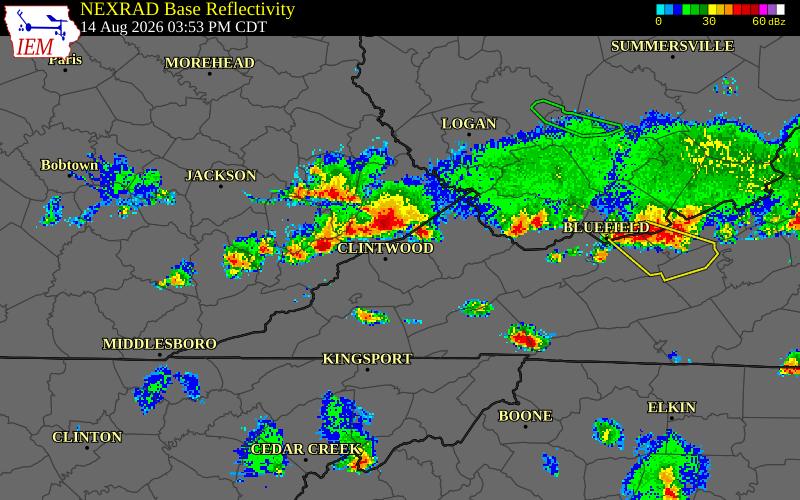 NEXRAD radar during the Friday, August 14, 2026 storm activity in Buchanan County, Virginia