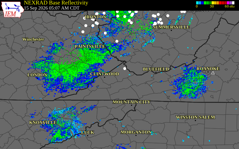Current NEXRAD radar over Buchanan County, Virginia with recent storm report locations