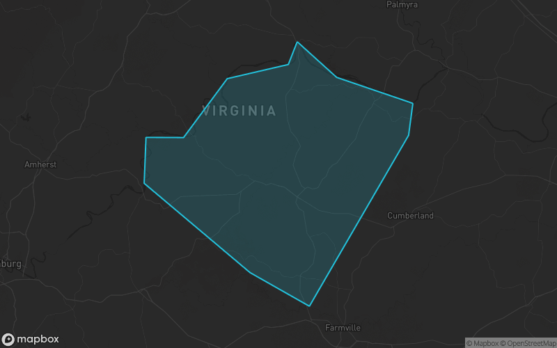 Map of Buckingham County, Virginia showing the county boundary and surrounding cities