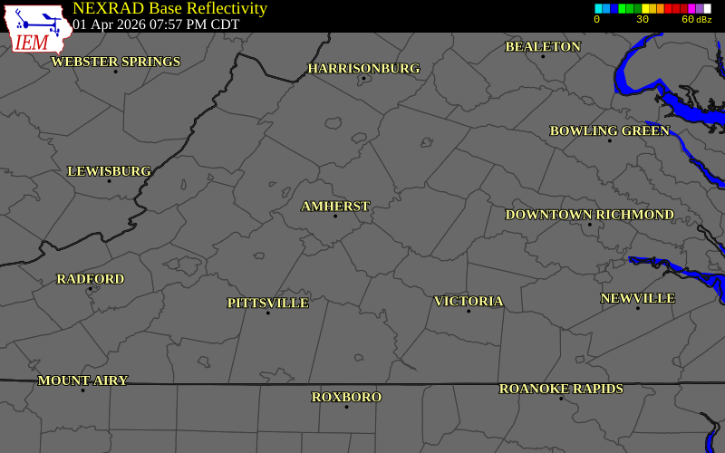 NEXRAD radar during the Wednesday, April 1, 2026 storm activity in Buckingham County, Virginia