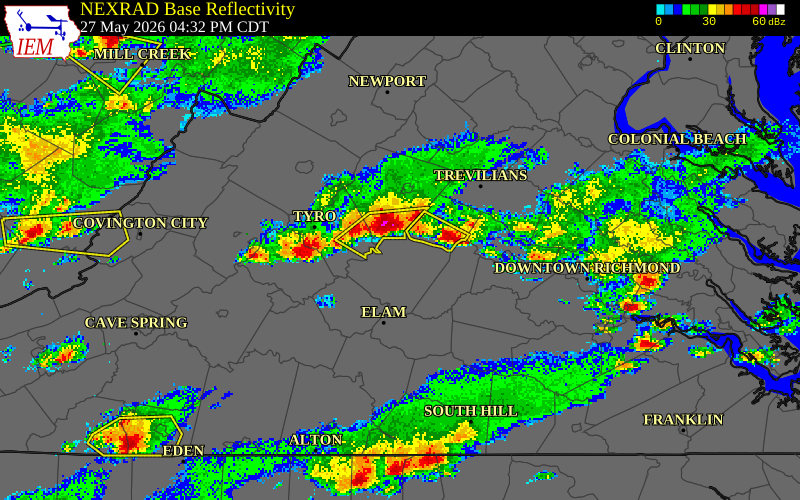 NEXRAD radar during the Wednesday, May 27, 2026 storm activity in Buckingham County, Virginia