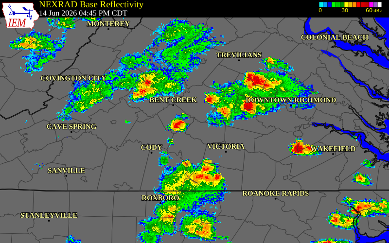 NEXRAD radar during the Sunday, June 14, 2026 storm activity in Buckingham County, Virginia