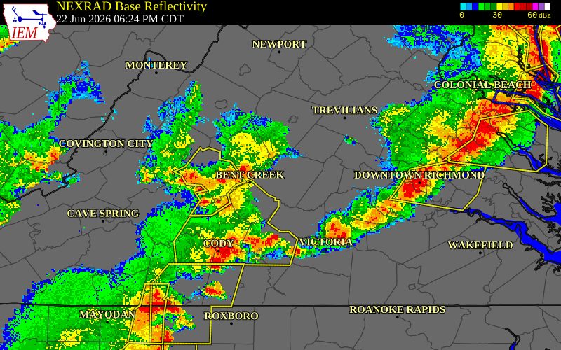 NEXRAD radar during the Monday, June 22, 2026 storm activity in Buckingham County, Virginia