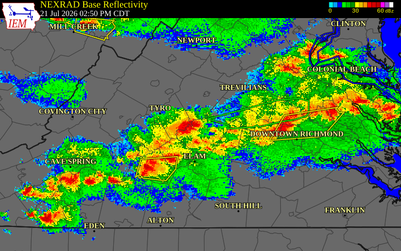 NEXRAD radar during the Tuesday, July 21, 2026 storm activity in Buckingham County, Virginia