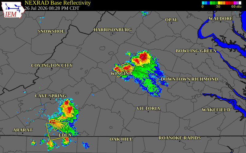NEXRAD radar during the Sunday, July 26, 2026 storm activity in Buckingham County, Virginia