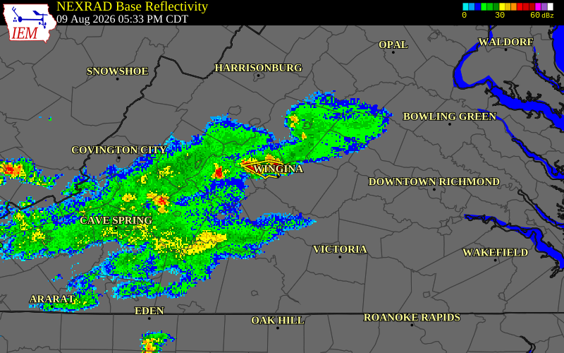 NEXRAD radar during the Sunday, August 9, 2026 storm activity in Buckingham County, Virginia