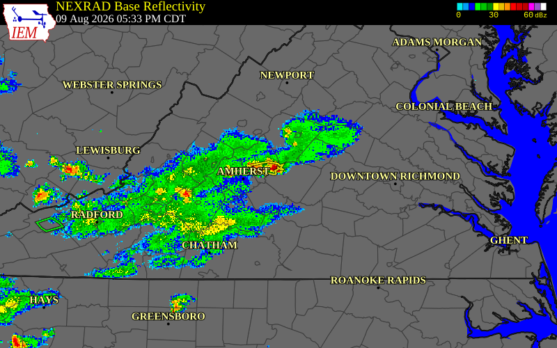 Radar snapshot during the Aug 9, 2026 wind event near Buckingham County, Buckingham County, Virginia, with NWS warning polygons