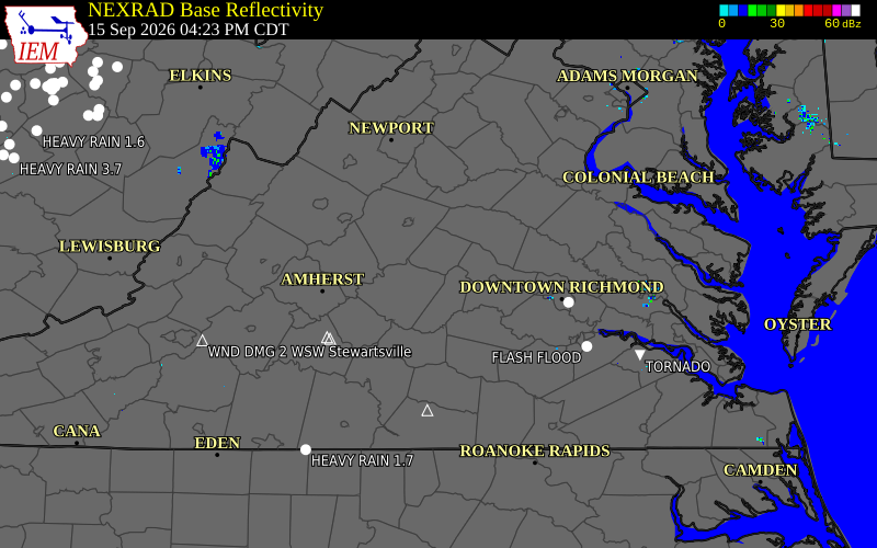 Current NEXRAD radar over Buckingham County, Virginia with recent storm report locations