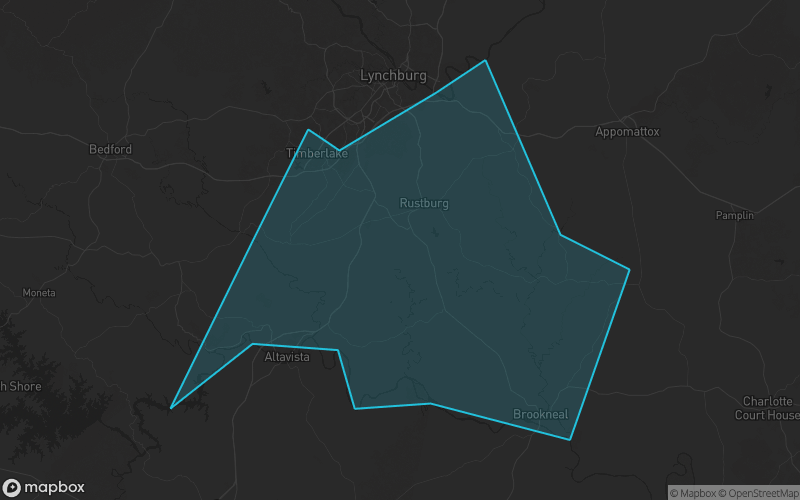 Map of Campbell County, Virginia showing the county boundary and surrounding cities