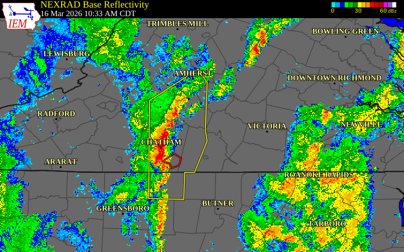 NEXRAD radar during the Monday, March 16, 2026 storm activity in Campbell County, Virginia