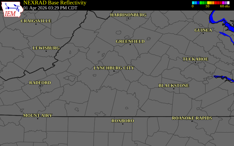 NEXRAD radar during the Wednesday, April 1, 2026 storm activity in Campbell County, Virginia