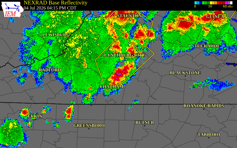 NEXRAD radar during the Saturday, July 4, 2026 storm activity in Campbell County, Virginia