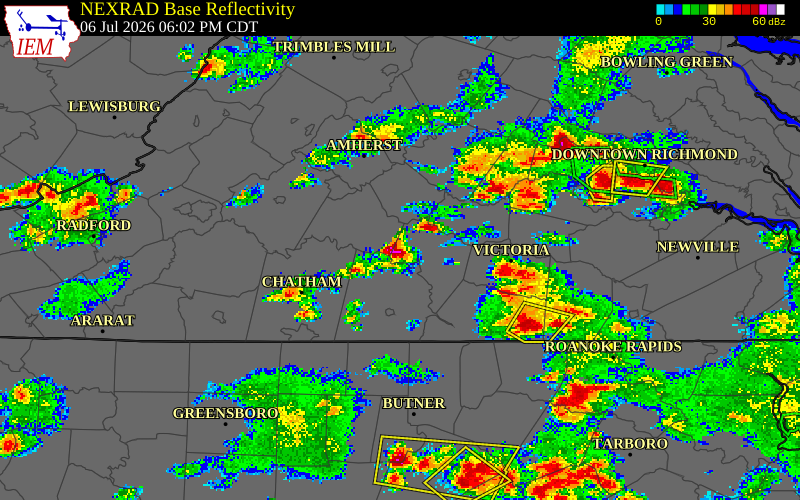 NEXRAD radar during the Monday, July 6, 2026 storm activity in Campbell County, Virginia