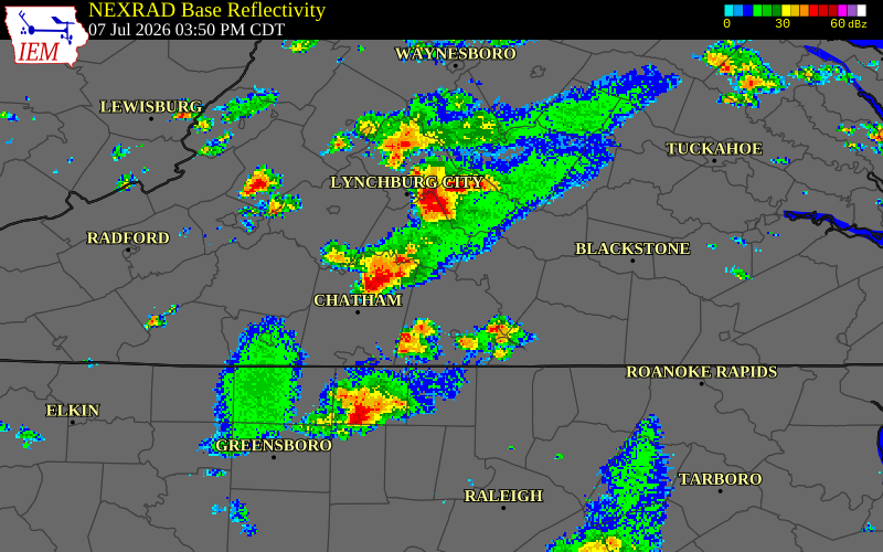 NEXRAD radar during the Tuesday, July 7, 2026 storm activity in Campbell County, Virginia