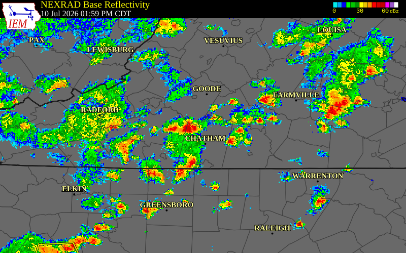 NEXRAD radar during the Friday, July 10, 2026 storm activity in Campbell County, Virginia