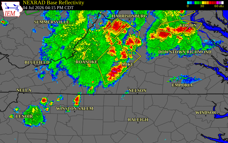 Radar snapshot during the Jul 4, 2026 hail event near 1 E Altavista, Campbell County, Virginia, with NWS warning polygons